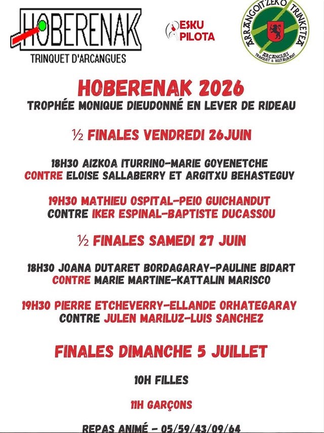 Affiche du tournoi HOBERENAK 2026 au Trinquet d'Arcangues, présentant les demi-finales et finales de pelote basque avec dates, horaires et joueurs.
